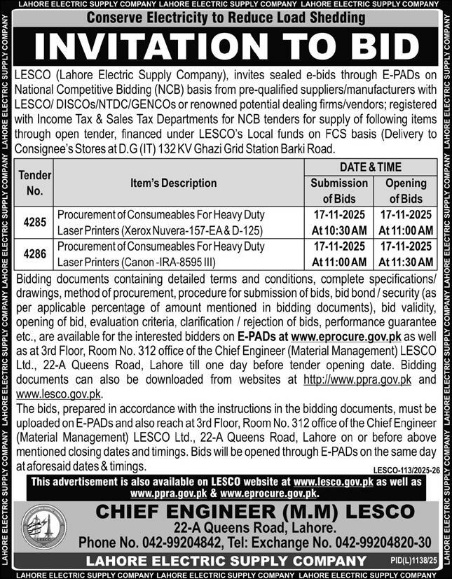 Lahore Electric Supply Company Tender Notice